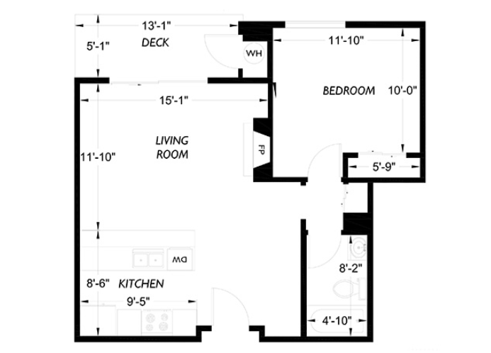 Floor plan for 1 bed, 1 bath, 660 sqft